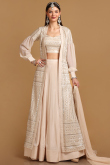 Cream Beige A Line Wedding Wear Lehenga in Satin