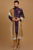 Dark Purple Brocade Men Sherwani With Velvet Dupatta
