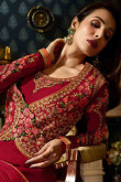 Dazzling Faux Georgette Churidar suit in Currant Red Color with Resham Embroidered