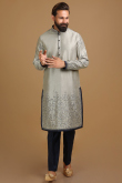 Zari Embroidered Dupion Silk Light Grey Men Kurta Pajama