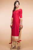 Ruby Red Chanderi Silk Straight Pant Suit With Zari Work for Eid