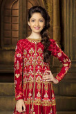 Resham Embroidered Velvet and Raw Silk Barn Red Anarkali Gown