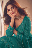 Teal Blue Long Choli Sangeet Lehenga in Georgette