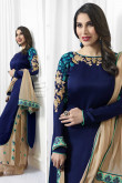 Denim Blue Georgette Embroidered Straight Pant Suit