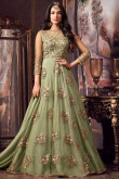 Attractive Net Anarkali Suit In Tea Green Color With Resham Embroidered