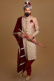 Dark Beige Brocade Embroidered Men Sherwani With Dupatta