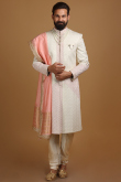 Sequins Embroidered Modal Satin Light Beige Men Sherwani With Dupatta