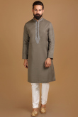 Embroidered Cotton Silk Grey Beige Men Kurta Pajama