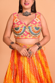 Foil Printed Orange Kota Doria Flared Style Lehenga