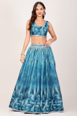 Aqua Nisha Mirror Work Printed Lehenga Set in organza 