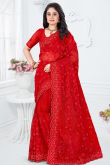 Net Stone Embellished Red Saree For Sangeet