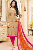 Luxurious Cotton and Jacquard Churidar Suit in Tan Brown Color With Hand Embroidered