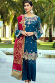 Zari Embroidered Georgette Teal Blue Trouser Suit