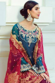 Zari Embroidered Georgette Teal Blue Trouser Suit