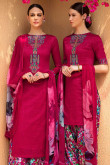 Cherry Red Cotton Embroidered Patiala Suits