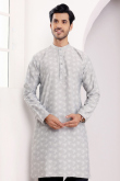 Light Grey Viscose Embroidered Straight Cut Men's Kurta