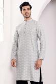 Light Grey Viscose Embroidered Straight Cut Men's Kurta
