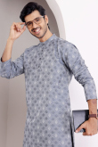Dusty Blue Viscose Embroidered Straight Cut Men's Kurta