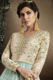 Luxurious Brocade Anarkali Suit In Firozi With Off White Color With Resham Embroidered