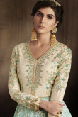 Luxurious Brocade Anarkali Suit In Firozi With Off White Color With Resham Embroidered