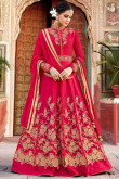 Net Anarkali Churidar Suit With Dupatta In Dark Red