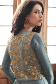 Resham Embroidered Slub Satin Grey Anarkali Suit