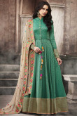 Elegant Slub Satin Anarkali Suit In Green Color With Resham Embroidered