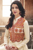 Off White Slub Satin Embroidered Anarkali Suit