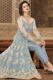 Anarkali Suit In Light Steel Blue Color With Resham Embroidered