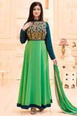 Bollywood Ayesha Takia Teal Green And Green Georgette Anarkali Churidar Suit With Dupatta