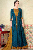 Satin Anarkali Suit With Dupatta In Blue And Tussock Color