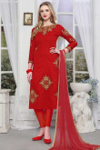 Glorious Red Cotton Churidar Suit With Beads Work