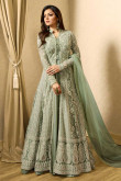Dazzling Georgette Anarkali Suit In Tea Green Color With Resham Embroidered