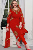 Glorious Red Cotton Churidar Suit With Beads Work
