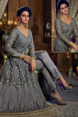 Resham Embroidered Silk Grey Anarkali Suit