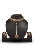 Pearl Beaded Floral Choker Set with Maroon Stone Centerpiece