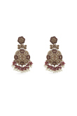 Dark Pink Beaded Dangle Cluster Earrings with Gold Plated Finish