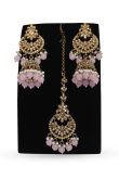 Lavender Pink Stone Earrings With Maang Tikka