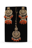 Orange Stone Jhumkas With Maang Tikka