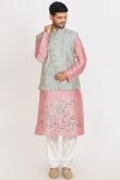 Light Pink Dupion Silk Printed Men's Jacket Style Kurta Pajama 
