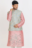 Light Pink Dupion Silk Printed Men's Jacket Style Kurta Pajama 
