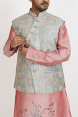Light Pink Dupion Silk Printed Men's Jacket Style Kurta Pajama 
