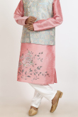 Light Pink Dupion Silk Printed Men's Jacket Style Kurta Pajama 
