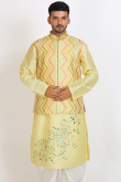 Light Yellow Dupion Silk Printed Men's Kurta With Dhoti Pants