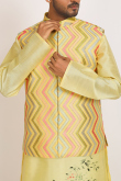 Light Yellow Dupion Silk Printed Men's Kurta With Dhoti Pants