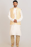 Printed Off White Cotton Silk Men's Jacket Style Kurta Pajama