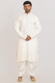 Embroidered Georgette White Men's Straight Cut Kurta With Dhoti Pants