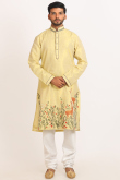 Pale Yellow Cotton Silk Men's Straight Cut Printed Kurta Pajama