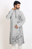 Light Grey Printed Cotton Men's Straight Cut Kurta Pajama 