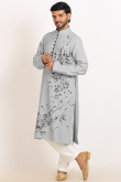 Light Grey Printed Cotton Men's Straight Cut Kurta Pajama 